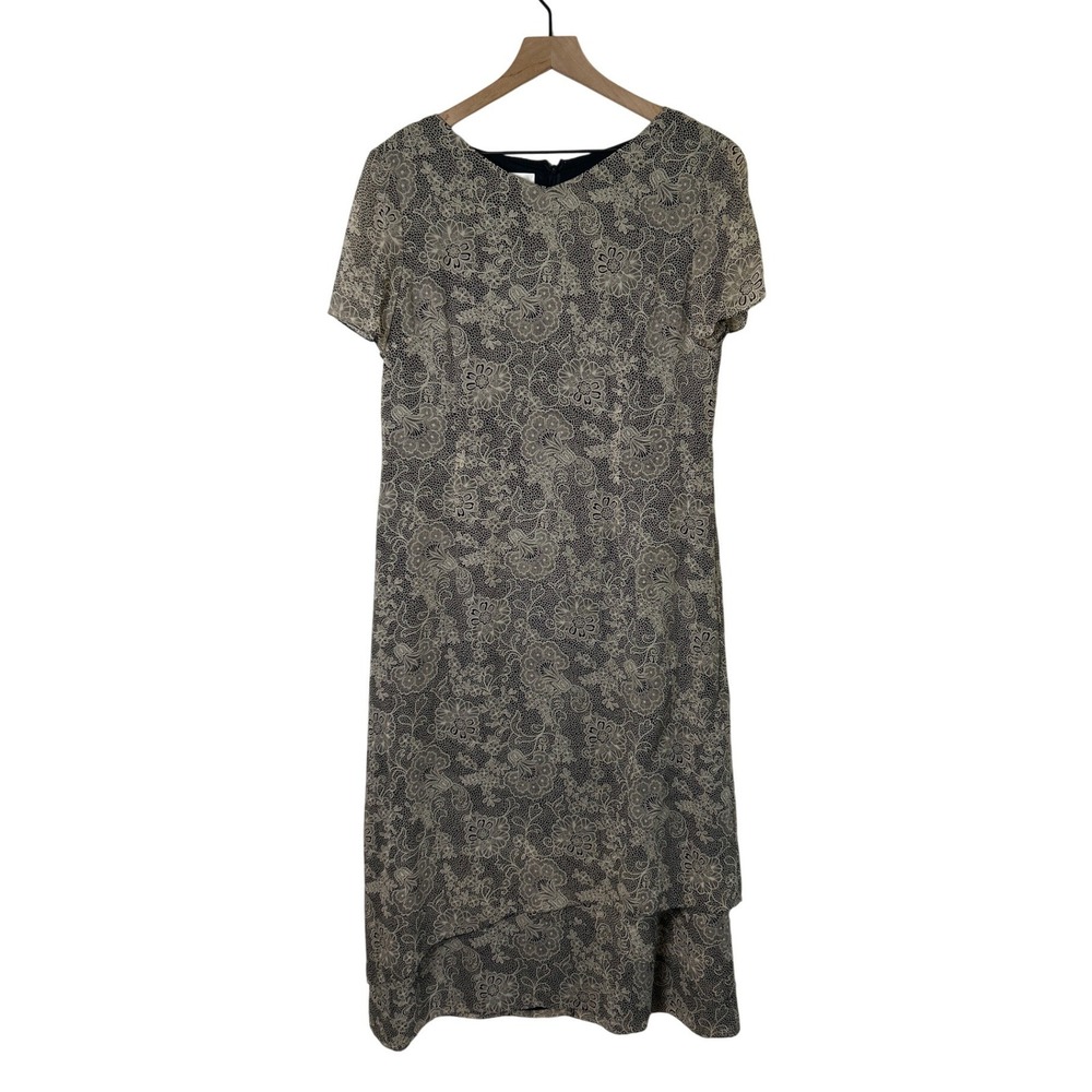 Talbots Womens Vintage Floral Lace Print Layered Midi Dress Size 12 Black Cream
